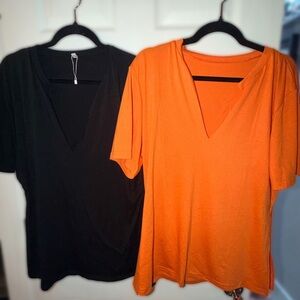 Women’s 2 Pack V-Neck Short Sleeve Side Split Tops Orange and Black